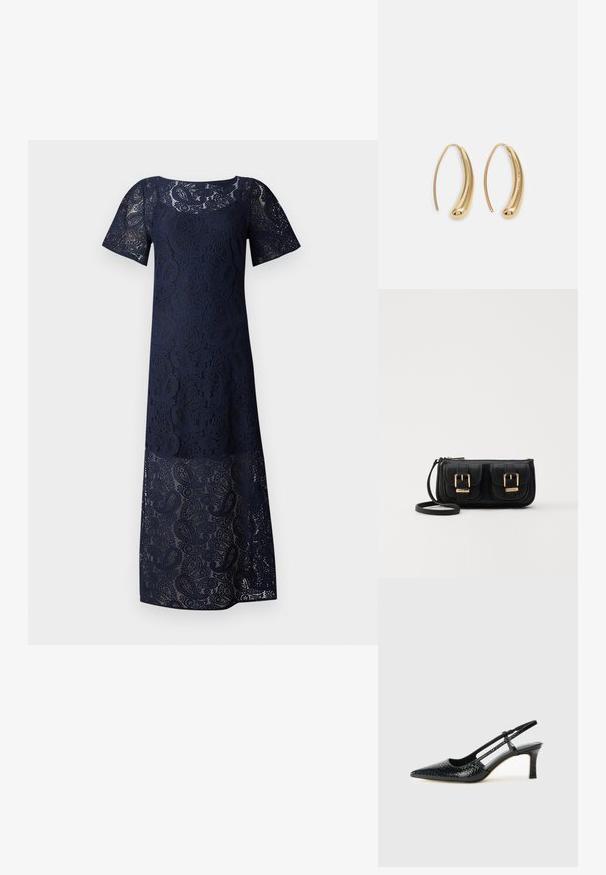 Mørkeblå blondekjole med rett silhuett, korte ermer og blomstermønster, med en gjennomsiktig finish langs kanten.; Sorte patent slingback hæl med spids tå, featuring tekstureret slangeskind, justerbar rem og en kort, tekstureret blokhæl.; Svart skinn crossbody veske med to frontlommer, gyldne spenner, glidelåslukking og en slank stropp. Teksturert overflate og kompakt rektangulær form.; Gullfargede metalløredobber med en buet, forlenget form. Har en jevn, blank overflate og en avrundet tupp for ekstra detaljer.