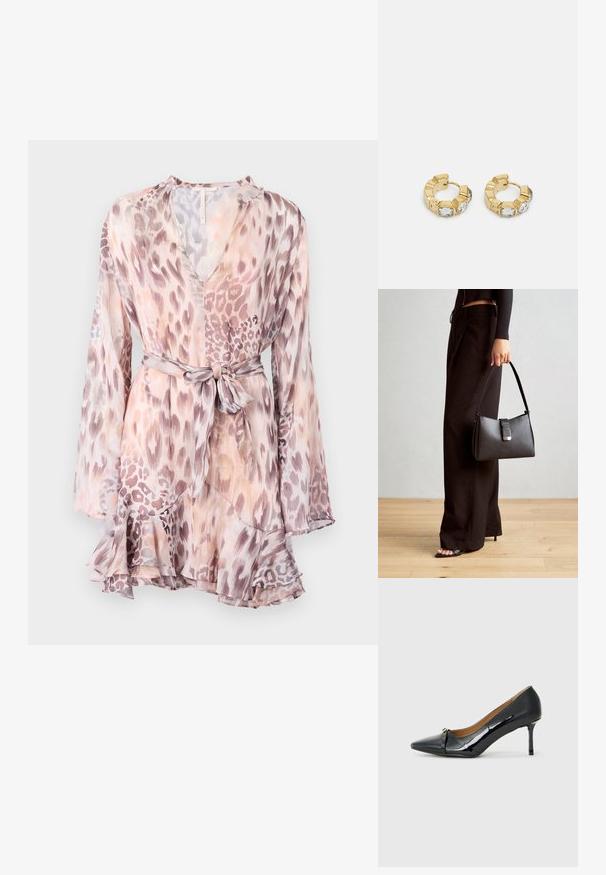 Průhledné, lehké šaty v jemně růžové a béžové barvě s tygřím potiskem, výstřihem do V, dlouhými rukávy a zavazovacími pasem, s volánovým lemem.; Černá lakovaná vysoká podpatková bota s špičatou špičkou, ozdobným páskem v přední části a tenkým stiletto podpatkem.; Černá kabelka se strukturovaným tvarem, hladkým povrchem a kovovým uzávěrem. Kombinována s širokými černými kalhotami a sandály s otevřenou špičkou na dřevěné podlaze.; Zlaté kruhové náušnice s texturovaným designem a třemi jasnými krystalovými akcenty na jedné straně, které nabízejí moderní geometrickou estetiku.