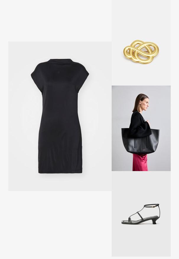 Filippa K CAP SLEEVE DRESS - Žerzejové šaty - black; Černá kožená sandál s čtveratou špičkou, tenkými popruhy, nastavitelným kotníkovým popruhem a nízkým podpatkem. Obsahuje malý zlatý akcent na popruhu.; Černá kožená taška s texturovaným povrchem, která má dva vertikální pruhy, dvojité ramenní popruhy a minimalistický design.; Brož ve zlatém tónu s uzlovým vzorem, hladkými zakřivenými liniemi a složitým tvarem, odrážející lesklý povrch.