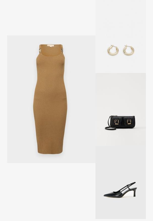 Ribbad brun midiklänning med tunna band och metalliska accenter. Slim fit med en rak silhuett och textilstruktur.; Svart lackskin slingback-häl med spetsig tå, med texturerad ormskinnsprint, justerbar rem och en kort, texturerad blockklack.; Svart läderaxelväska med två framfickor, guldspännen, dragkedjestängning och en smal rem. Texturerad yta och kompakt rektangulär form.; Lauren Ralph Lauren BASIC SMALL HOOP - Örhänge - gold-coloured
