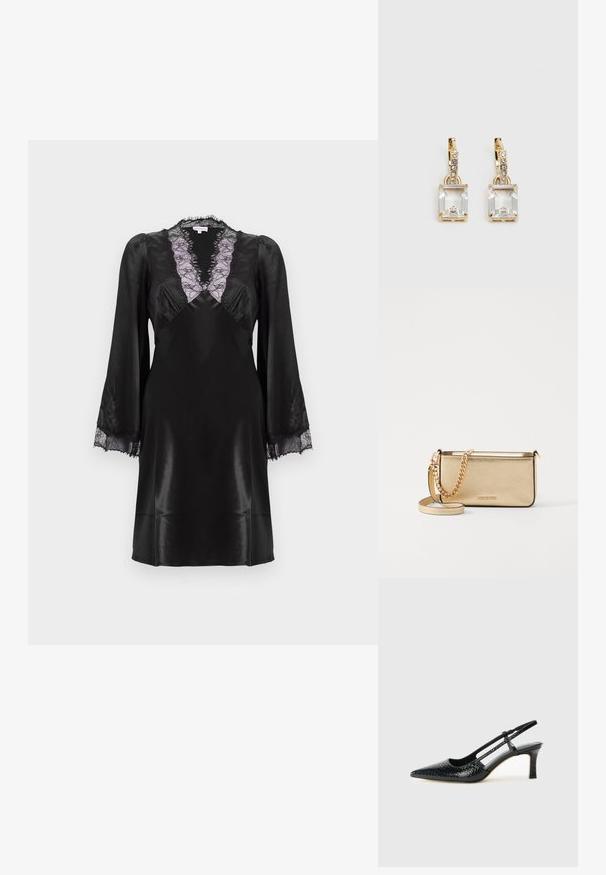 Vestido de seda negra com um profundo decote em V, com acabamento em renda lavanda, mangas longas com detalhes em renda nos punhos e um acabamento liso e elegante.; Salto slingback em patente preta com bico apontado, apresentando um padrão de pele de cobra texturizado, tira ajustável e um salto bloco curto e texturizado.; Clutch de couro dourado metálico com um acabamento texturizado, apresentando uma alça de corrente dourada e uma alça de ombro removível. Logotipo da marca em relevo.; Brincos em tom de ouro com um cristal retangular claro pendurado abaixo de uma linha de pequenos acentos redondos claros. Design elegante e moderno.