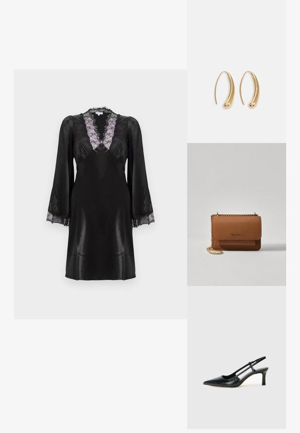 Vestido de seda negra com um profundo decote em V, com acabamento em renda lavanda, mangas longas com detalhes em renda nos punhos e um acabamento liso e elegante.; Salto slingback em patente preta com bico apontado, apresentando um padrão de pele de cobra texturizado, tira ajustável e um salto bloco curto e texturizado.; Bolsa crossbody de couro texturizado castanho com alça de corrente dourada e fecho com aba. A parte da frente apresenta detalhe do logótipo e um bolso sob a aba.; Brincos em metal dourado com forma de arco alongado e curvado. Apresentam uma superfície lisa e brilhante, com uma ponta arredondada para um detalhe adicional.