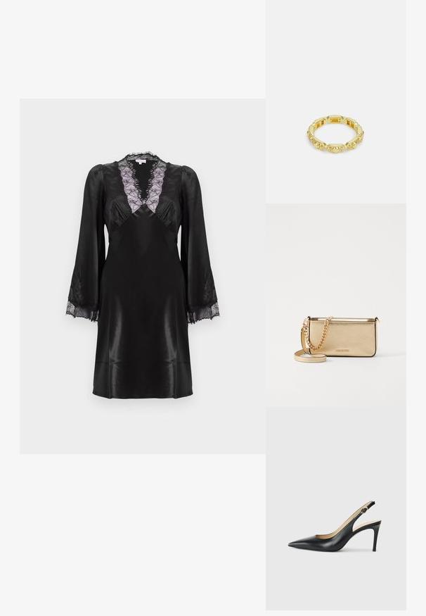 Robe en satin noir avec un décolleté en V profond orné de dentelle lavande, des manches longues avec des accents en dentelle aux poignets, et une finition lisse et élégante.; Escarpins en cuir noir avec une pointe fine, une bride ajustable et un talon aiguille élégant, présentant une finition lisse.; Pochette en cuir doré métallisé avec une finition texturée, dotée d'une chaîne dorée et d'une bandoulière amovible. Logo de la marque estampé.; Bague dorée avec un design texturé, dotée d'accents ronds et de petites pierres transparentes serties dans un anneau circulaire.