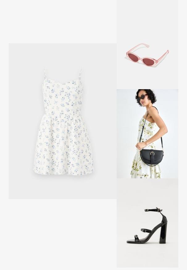 Vestido floral com flores azuis num fundo branco. Apresenta alças finas, um corpete justo e uma saia rodada para um ajuste confortável.; Sandálias de tacão preto laqueadas com bico quadrado, tiras para o tornozelo e fivelas prateadas. Apresentam um salto bloco chunky para estabilidade.; Óculos de sol transparentes rosa com lentes ovais, tonalidade vermelha escura e hastes delicadas, apresentando um acabamento suave e detalhes subtis na armação.; Bolsa de couro preta com forma curva, alça destacável e detalhes em dourado. A bolsa possui uma aba com detalhe de fivela.