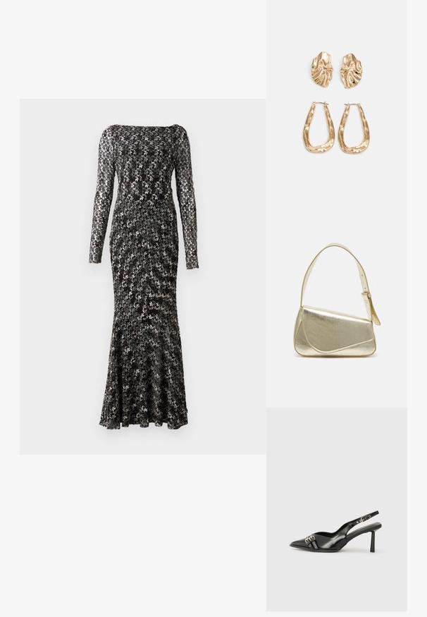Μαύρο και ασημί φόρεμα με παγιέτες, μακρυά μανίκια, εφαρμοστό κορσέ και φουφού, με τετράγωνη λαιμόκοψη και περίπλοκο σχέδιο.; Μαύρο παπούτσι slingback από πατέντο δέρμα με μυτερή μύτη, λουράκια στον αστράγαλο που διαθέτουν ασημένιες αγκράφες και μεταλλικά στοιχεία, και λεπτό τακούνι.; Χρυσή μεταλλική τσάντα χειρός με δομημένο σχέδιο, λεία υφή και ρυθμιζόμενο λουρί. Διαθέτει μοναδικό τριγωνικό σχήμα και μινιμαλιστική ραφή.; Χρυσά σκουλαρίκια με υφή, κυματιστά σχήματα. Περιλαμβάνουν γλυπτικά κλιπ-σε σκουλαρίκια και σχέδιο ανοιχτού σκουλαρικιού με σφυρήλατη επιφάνεια.