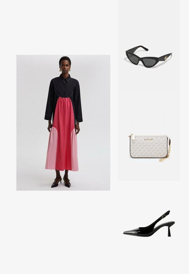 Pitkä musta ja vaaleanpunainen mekko, jossa on kauluksellinen pääntie, vyötäröllä on ker gathered vaaleanpunainen paneeli ja tonaaliset ompelutiedot.; Musta lakattu nahkasaapas, jossa on teräväkärkinen malli, leikattuja sivuja, säädettävä nilkkain ja ohut, virtaviivainen korko.; Aurinkolasit kissansilmällä, joissa on matta musta muovikehys, tummat linssit ja kultainen logokiinnitys temppeleissä. Kulmikas muotoilu ja sileä pinta.; Michael Kors kääröbeige pinnoitettua kangasta, jossa on toistuva MK-logo -kuvio, kultaiset yksityiskohdat ja irrotettava ketjuhihna.