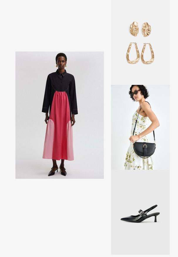 Čierna a ružová dlhá šaty s golierom, s riaseným ružovým panelom v oblasti pásu a tónovými švovými detailmi.; Čierne patentové kožené sandále na podpätku so špicatou špičkou a malým blokovým podpätkom, s dekoratívnou striebornou sponou na remienku.; Čierna kožená kabelka s zaobleným tvarom, odnímateľným popruhom a zlatými doplnkami. Kabelka má klopu s detailom s prackou.; Náušnice v zlatej farbe s textúrovanými, vlnitými tvarmi. Obsahujú sochárske klipsové náušnice a otvorený tvar krúžku s kladivkovým povrchom.