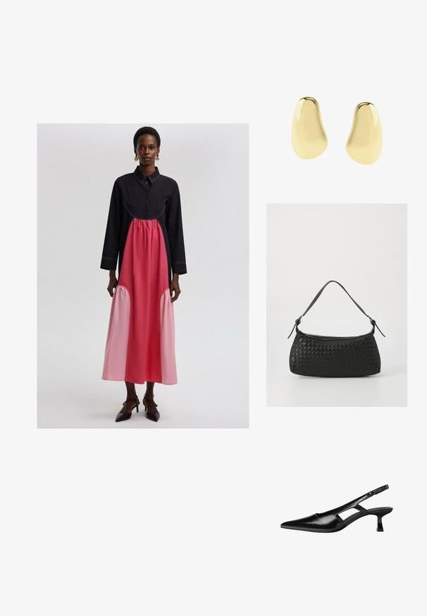 Robe longue noire et rose avec un col, présentant un panneau rose froncé à la taille et des détails de coutures ton sur ton.; Chaussure slingback en cuir verni noir avec un bout pointu, détail découpé et un petit talon carré. Texture lisse et accents minimalistes.; Sac à épaule tissé noir avec une bandoulière en cuir lisse et une fermeture éclair. Présente une surface texturée et une forme courbée.; Boucles d'oreilles clous en or doré lisse et asymétrique, avec des formes arrondies irrégulières sur fond blanc.