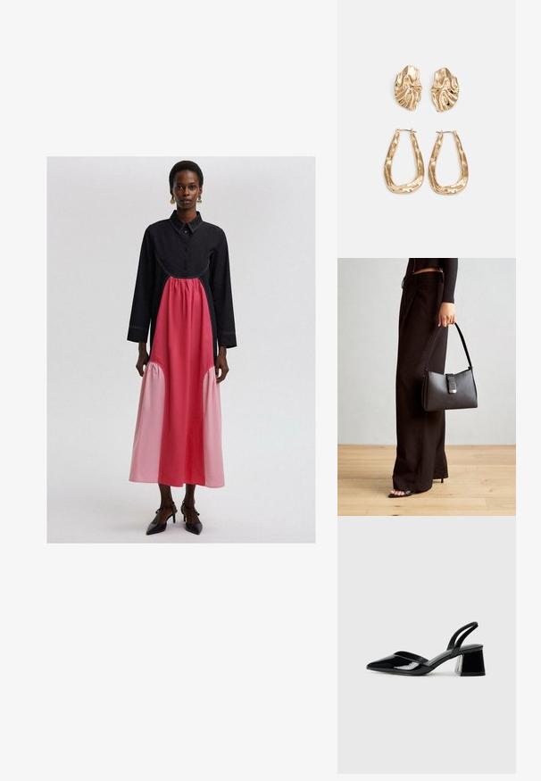 Juoda ir rožinė ilga suknelė su apykakle, su surinkta rožine juosta ties liemeniu ir toniniais siuvimo detalėmis.; Juodos lakuotos odinės šlepetės su smailiu pirštu ir geometriniu bloko kulnu. Turi elegantišką, minimalistinį dizainą ir lygų paviršių.; Juodas rankinė struktūrizuota forma, lygi tekstūra ir metalinis užsegimas. Suporuota su plačiomis juodomis kelnėmis ir atvirais bateliais ant medinių grindų.; Auksinės auskarai, turintys tekstūruotus, bangų formos elementus. Įeina skulptūriniai segami auskarai ir atviri lankai su išmuštu paviršiumi.