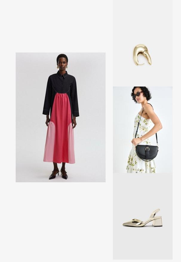 Vestido largo negro y rosa con un escote con cuello, que presenta un panel rosa fruncido en la cintura y detalles de costura en tono.; Tacones slingback metálicos dorados con punta afilada y tacón grueso. Textura suave, diseño minimalista y una correa estrecha.; Bolso de piel negra con forma curva, correa desmontable y herrajes dorados. El bolso cuenta con una solapa con un detalle de hebilla.; Pendiente de metal en tono dorado con un diseño elegante y curvado. Presenta una forma puntiaguda distintiva, superficie pulida y cierre de bisagra.