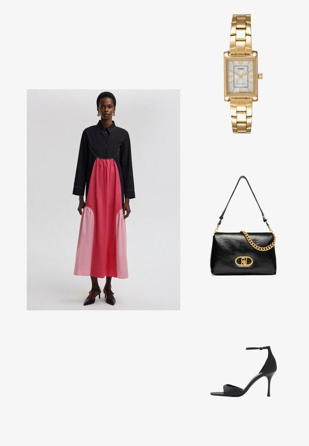Rochie lungă neagră și roz, cu guler, prezentând un panou roz plisat la talie și detalii de cusătură tonale.; Mango Sandale cu toc - black; Geantă de umăr din piele neagră cu textură plisată, accent de lanț aurit și o clapetă aurie proeminentă cu un logo oval. Rucsă ajustabilă.; Ceas de mână rectangular cu nuanță aurie, cu un cadran alb, marcaje argintii pentru ore și o brățară din linkuri metalice durabile. Include caracteristica de rezistență la apă.