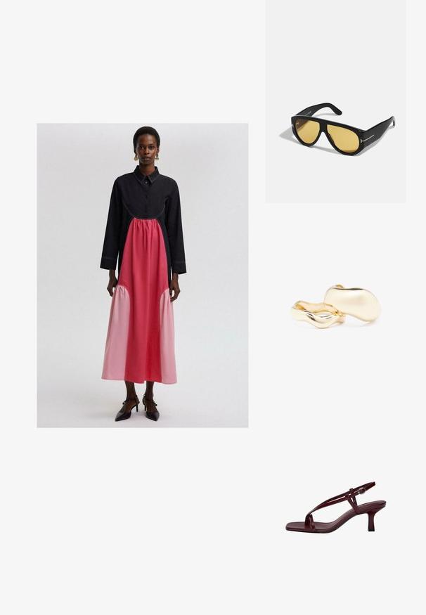 Zwarte en roze lange jurk met een kraag, met een geplooide roze panel bij de taille en tonale stikdetails.; Bordeaux hoge hakken sandalen met een vierkante teen, slanke banden en een gesp rond de enkel. Gladde leertextuur en een slanke, blokhak.; Zwarte zonnebril met een geometrisch montuur, gele lenzen en gouden accenten op de sleuven. Glad oppervlak, brede vorm, hedendaags ontwerp.; Gouden oorbellen met een organische, boonachtige vorm en een glad, reflecterend oppervlak; ze hebben een minimalistisch ontwerp zonder zichtbare bevestigingsmiddelen.