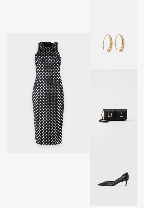 Fekete ujjatlan ruha, formás fazonnal, szürke metálos pöttyökkel díszítve, hátul cipzárral záródik.; Fekete bőr magassarkú cipő hegyes orral és alacsony sarokkal. Sima felülettel és enyhe fényű kialakítással rendelkezik. Az elején nyitott részlet a fokozott díszítésért.; Fekete bőr keresztbody táska két elülső zsebbel, arany csattokkal, cipzáras záródással és vékony pánttal. Textúrált felület és kompakt téglalap alak.; Aranyszínű fémből készült karika fülbevalók ívelt, hosszúkás formával. Simaságával és fényes felületével, valamint lekerekített végével további részletekkel bővül.