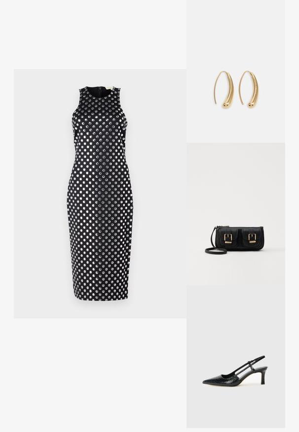 Rochie neagră fără mâneci, cu un design ajustat, adornată cu puncte argintii metalice, prevăzută cu închidere cu fermoar la spate.; Pantofi cu toc slingback negri din patent, cu vârf ascuțit, cu imprimeu de șarpe texturat, curea ajustabilă și toc scurt texturat.; Geantă neagră din piele, tip crossbody, cu două buzunare frontale, catarame aurii, închidere cu fermoar și o curea subțire. Suprafață texturată și formă rectangulară compactă.; Cercei din metal auriu, cu un design curbat și alungit. Au o suprafață netedă și strălucitoare, cu un vârf rotunjit pentru un detaliu suplimentar.