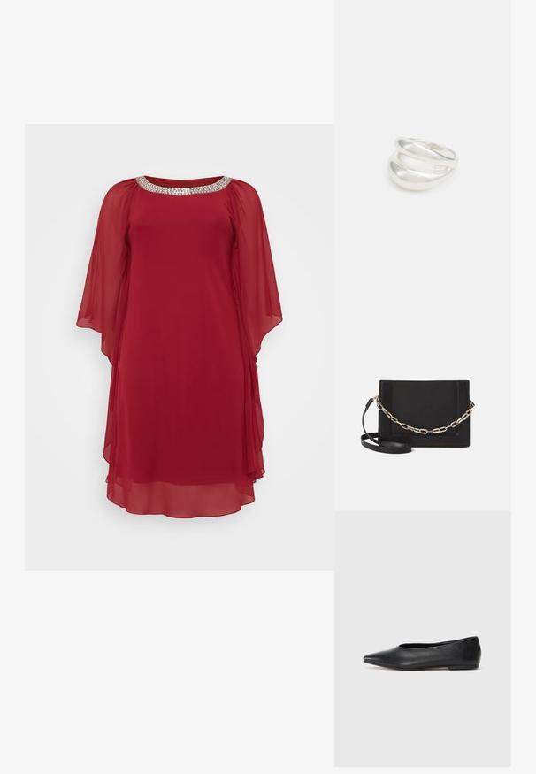 Rdeča šifonska obleka z širokim izrezom, okrašena z srebrnim bleščicami, ter z ohlapnimi rokavi za sproščen in eleganten videz.; Črne usnjene balerinke, koničast toe, minimalističen dizajn, gladka tekstura, nizka peta, brez vidnih kovinskih delov ali okraskov.; Črna usnjena torba čez ramo z gladko teksturo, pravokotno obliko in kovinskim verižnim detajlom spredaj. Vključena je nastavljiva naramnica.; Srebrn dvojni prstan z gladko, polirano površino. Ima tekoč, ukrivljen dizajn z prekrivajočimi se sekcijami za sodoben videz.