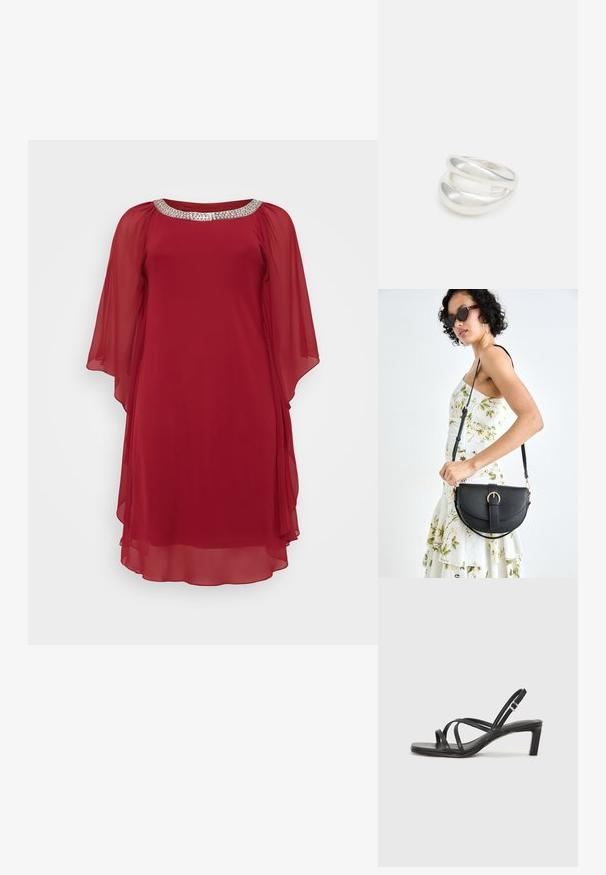 Rdeča šifonska obleka z širokim izrezom, okrašena z srebrnim bleščicami, ter z ohlapnimi rokavi za sproščen in eleganten videz.; Črne natikače s trakovi in kvadratnim prstom ter nizkim blokastim peto. Imajo več tankih trakov in nastavljiv trak okoli gležnja. Narejene so iz gladkega usnja.; Črna usnjena torbica s ukrivljeno obliko, z odstranljivo naramnico in zlatimi dodatki. Torbica ima pokrov s podrobnostmi v obliki zaponke.; Srebrn dvojni prstan z gladko, polirano površino. Ima tekoč, ukrivljen dizajn z prekrivajočimi se sekcijami za sodoben videz.