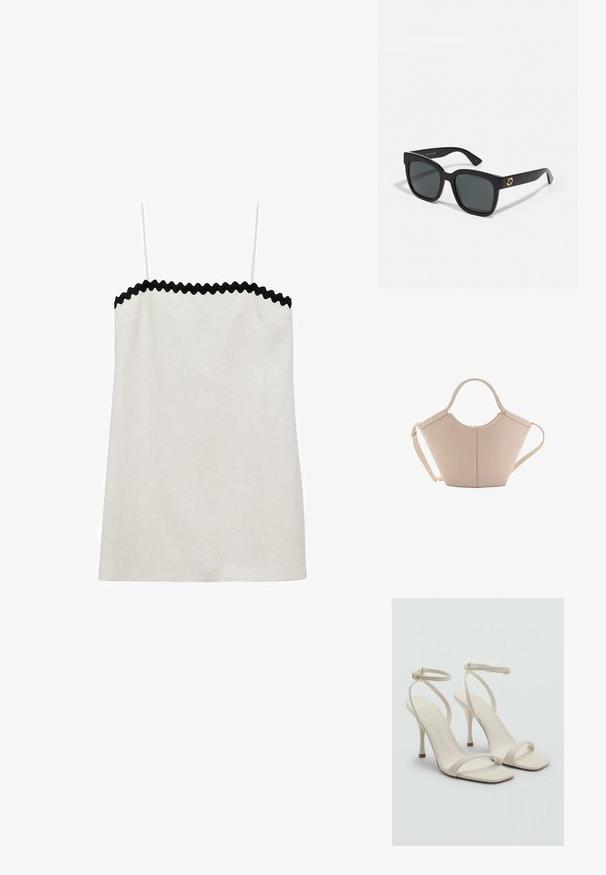 Bílé lněné tílko s černým zvlněným lemem kolem výstřihu a tenkými nastavitelnými ramínky. Jednoduchý design bez dalších ozdob. ; Béžové sandály na vysokém podpatku se čtveratou špičkou a tenkými řemínky kolem kotníků. Hladký materiál s minimálním designem, s štíhlým podpatkem.; Černé sluneční brýle s obdélníkovými skly, s lesklým povrchem a zlatými logovými akcenty na nožkách. Temně šedá skla poskytují UV ochranu.; Beige kožená kabelka s jedinečným tvarem, vybavená dvěma krátkými uchy a dlouhým nastavitelným popruhem. Hladká textura s minimem kovových doplňků.