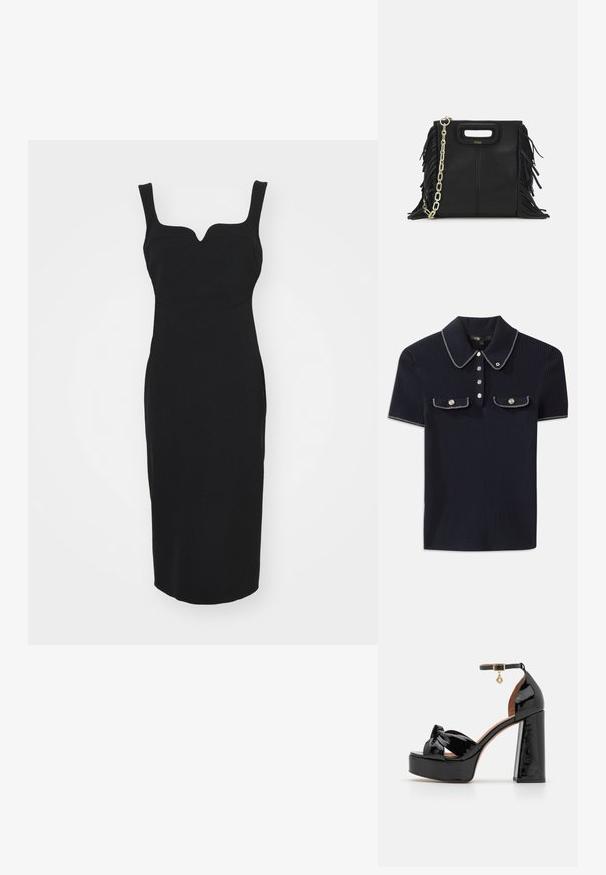 Černé přiléhavé šaty s širokými ramínky, srdcovým výstřihem a délkou ke kolenům. Hladká textura bez viditelných vzorů nebo dekorací.; Námořnicky modrý žebrovaný polo tričko s špičatým límcem, krátkými rukávy a dvěma předními kapsami se zacvakávacími knoflíky; zvýrazněné bílými švy.; Maje Sandály na vysokém podpatku - noir; Černá kožená kabelka s třásněmi, zlatým řetízkovým ramenním popruhem a rukojetí s výřezem. Na přední straně se nachází logo.