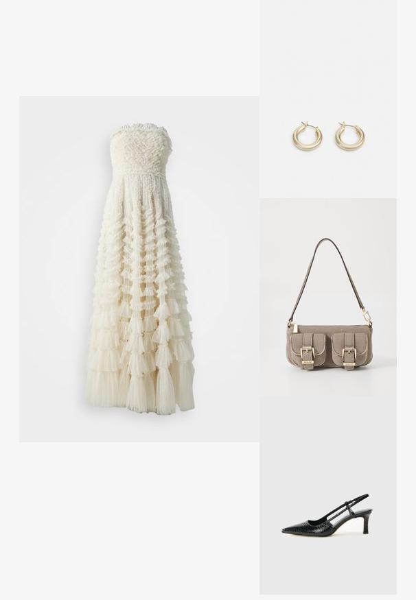 Strapless white dress with a textured bodice and layered ruffle skirt, featuring sheer tulle and a subtle dotted pattern throughout.; Black patent slingback heel with a pointed toe, featuring textured snake print, adjustable strap, and a short, textured block heel.; Beige textured handbag with adjustable strap, two front pockets secured by buckles, and gold hardware accents. Zipper closure at the top.; Lauren Ralph Lauren BASIC SMALL HOOP - Earrings - gold-coloured