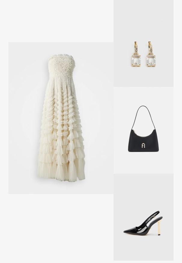 Strapless white dress with a textured bodice and layered ruffle skirt, featuring sheer tulle and a subtle dotted pattern throughout.; Black patent leather slingback high-heel shoe with pointed toe and gold-tone square heel accent. Features adjustable ankle strap.; Black shoulder bag made from smooth material, featuring a curved shape, gold zipper, and a gold embossed logo accent on the front.; Gold-tone earrings featuring a rectangular, clear crystal dangling below a row of small, round clear accents. Sleek, modern design.