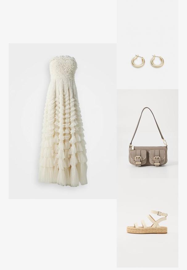 Strapless white dress with a textured bodice and layered ruffle skirt, featuring sheer tulle and a subtle dotted pattern throughout.; Light beige leather espadrille sandal with four cross straps and an ankle buckle, featuring a woven jute platform sole and flat rubber bottom.; Beige textured handbag with adjustable strap, two front pockets secured by buckles, and gold hardware accents. Zipper closure at the top.; Lauren Ralph Lauren BASIC SMALL HOOP - Earrings - gold-coloured