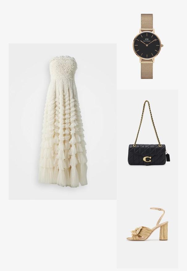Strapless white dress with a textured bodice and layered ruffle skirt, featuring sheer tulle and a subtle dotted pattern throughout.; Gold heeled sandals with a knotted front, pleated texture, and an ankle strap. The block heel has a ribbed design, enhancing grip.; Black quilted handbag with a gold chain strap, featuring a distinctive gold clasp and a small tag, showcasing a textured leather surface.; Gold mesh band watch by Daniel Wellington with a round black dial, gold hour markers, and logo at 12 o’clock. Simple, elegant design.