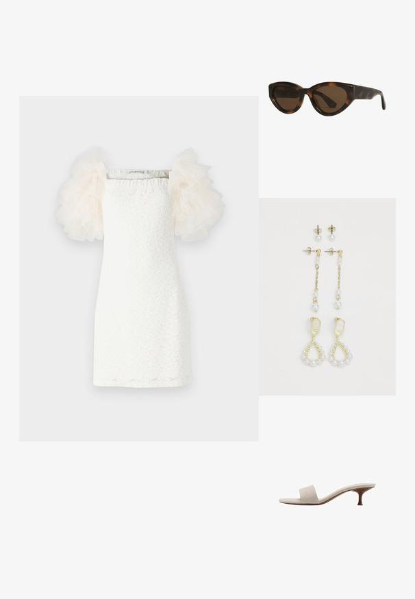 Robe blanche avec un motif en dentelle texturée, coupe droite, et manches en tulle transparent et bouffantes de couleur crème clair. Design minimaliste avec un décolleté carré.; Sandale sans talon avec une tige en tissu tissé beige, bout ouvert et semelle intermédiaire en bois courbé. Le design présente une texture lisse et une forme minimaliste.; Lunettes de soleil en forme d'œil de chat en écaille de tortue avec des verres marron, dotées de montures en plastique lisses et brillantes et d'un design élégant. Pas de logos ou d'accent visible.; Boucles d'oreilles dorées mettant en avant deux designs de gouttes de perle. Une paire a des clous d'oreilles; l'autre est un modèle suspendu avec une chaîne et des perles supplémentaires.