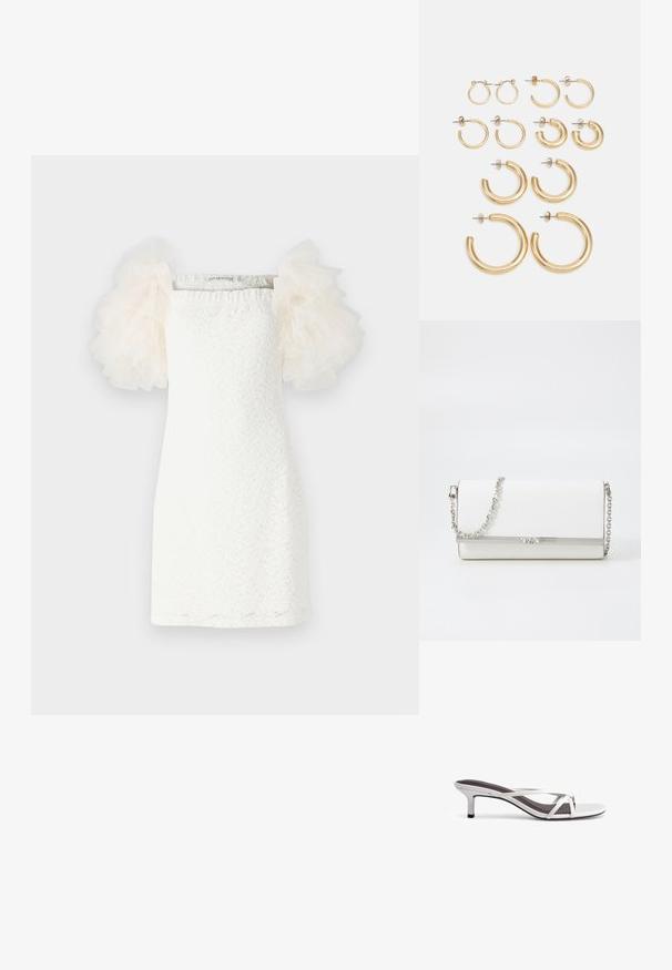 Biała sukienka z teksturowanym wzorem koronkowym, prostym krojem oraz przezroczystymi, bufiastego tiulu rękawami w jasnym kremie. Minimalistyczny design z kwadratowym dekoltem.; Srebrne sandały na obcasie z krzyżującymi się paskami, o gładkiej fakturze i spiczastym nosku. Obcas ma wysokość około dwóch cali.; MICHAEL Michael Kors - Torba na ramię; Zestaw złotych kolczyków w kształcie kół, oferujący różne rozmiary i wzory, w tym małe, średnie i duże style, z gładkimi metalicznymi wykończeniami.