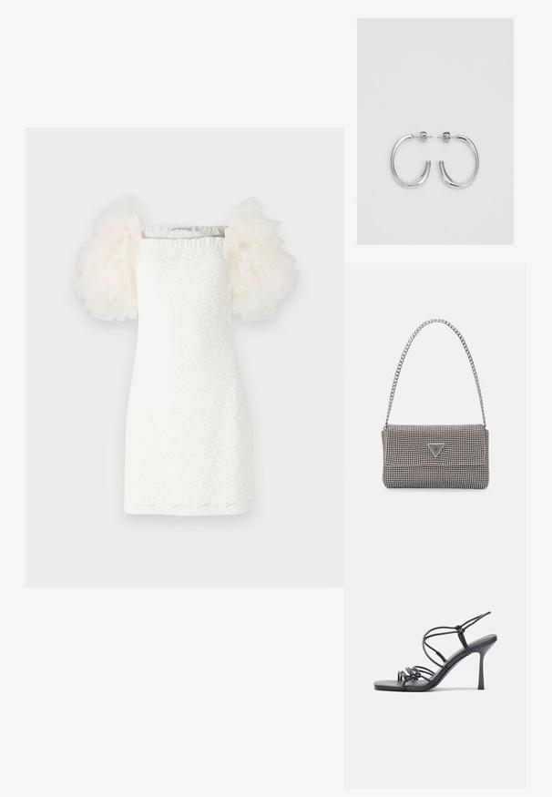 White dress featuring a textured lace pattern, straight cut, and sheer, puffed tulle sleeves in light cream. Minimalist design with a square neckline.; Black high-heeled sandals feature thin straps with a knotted design, a smooth square toe, and a sleek stiletto heel.; Light gray metallic handbag featuring a chain strap, embellished with small circular metallic studs and a triangular brand logo.; Silver hoop earrings with a smooth, shiny finish. Rounded shape, lightweight design, featuring a post-back closure.
