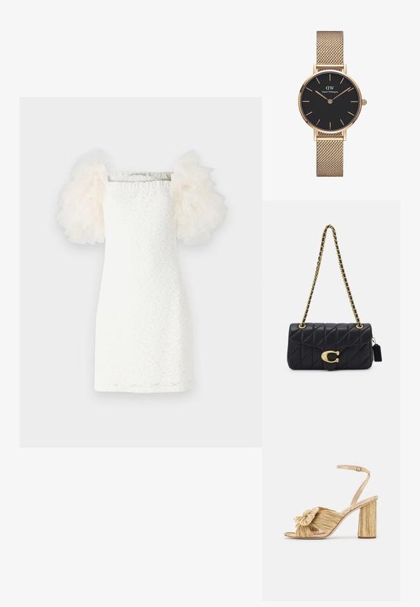 Balta suknelė su tekstūruotu nėriniuotu raštu, tiesiu siluetu ir permatomomis pūkuotomis tiulio rankovėmis, šviesiai kremine spalva. Minimalistinis dizainas su kvadratiniu iškirpimu.; Auksinės kulno sandalai su susuktų priekiu, godžių tekstūra ir kulkšnies juosta. Bloko kulnas turi briaunotą dizainą, kuris pagerina sukibimą.; Juoda siuvinėta rankinė su auksiniu grandinės dirželiu, turinti išskirtinę auksinę sagtį ir mažą etiketę, pabrėžianti tekstūruotą odos paviršių.; Auksinė tinklelio juosta laikrodžiui iš Daniel Wellington, su apvaliu juodu ciferblatu, auksiniais valandų žymekliais ir logotipu 12 valandą. Paprastas, elegantiškas dizainas.