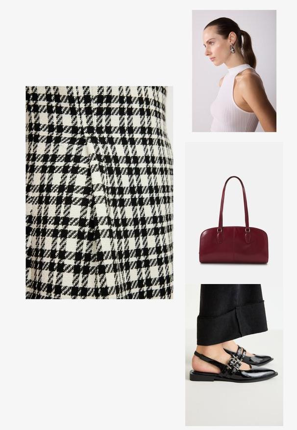 Černobílá tkanina s vzorem houndstooth, která má výraznou texturu a tkaný povrch, s přehybem podél švu.; RAID DINKY - Baleríny s páskem - black; Zign LEATHER - Kabelka - dark red; Stříbrné náušnice ve tvaru kapky s kulatými akcenty na modelce, která nosí bílé žebrové bezramínkové tričko, které ukazuje hladký povrch.