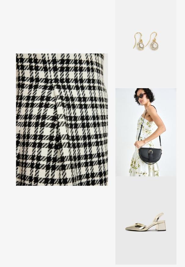 Kangast, millel on must-valge houndstooth mustril, eristuva tekstuuri ja kootud viimistlusega, sisaldab õmbluse juures voltide detaili.; Kultaiset, metalliset slingback-kengät, joissa on teräväkärkiset ja paksut korot. Sileä pinta, minimalistinen muotoilu ja kapea hihna.; Musta nahkainen käsilaukku, joka on kaareva muotoilultaan, irrotettavalla hihnalla ja kultaisilla yksityiskohdilla. Laukussa on läppä, jossa on solk yksityiskohta.; Kultaiset korvakorut, joissa on soikeat, läpinäkyvät kivet, joita ympäröivät pienemmät läpinäkyvät kivet. Korvakoruissa on koukkuminen, joka takaa turvallisen käytön.