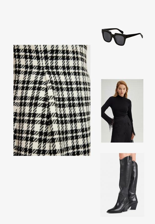 Kangast, millel on must-valge houndstooth mustril, eristuva tekstuuri ja kootud viimistlusega, sisaldab õmbluse juures voltide detaili.; Mustapaita pitkillä hihoilla, jossa on korkeakauluksinen malli ja höyhenkoristelu hihansuissa, yhdistettynä korkeavyötäröiseen mustaan hameeseen, jossa on isot napit.; Mustat nahkaiset polven yli saappaat, joissa on terävä kärki, kaareva varsiosa ja paksu korko. Saappaissa on sileä pinta ja vetoketjut ylhäällä.; Mustat suorakulmaiset aurinkolasit paksuilla muovikehyksillä ja tummilla linsseillä. Kehyksissä on liukas viimeistely ja minimaalinen brändäys.; Musta nahkainen käsilaukku, jossa on kaareva muotoilu, kultasävyiset yksityiskohdat ja yläkahva. Sisältää tyylikkään sulkijan ja sileän pinnan.
