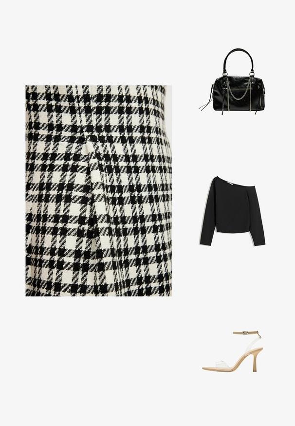 Černobílá tkanina s vzorem houndstooth, která má výraznou texturu a tkaný povrch, s přehybem podél švu.; Černý top s odhalenými rameny a dlouhými rukávy, vyrobený z jemné látky. Má zkrácený design s širším výstřihem a přiléhavými rukávy.; Průhledná sandálová obuv s průhledným svrškem, béžovou stélkou a štíhlým páskem kolem kotníku. Má špičatou špičku a tenký vysoký podpatek.; Bershka WITH CHAIN - Kabelka - black