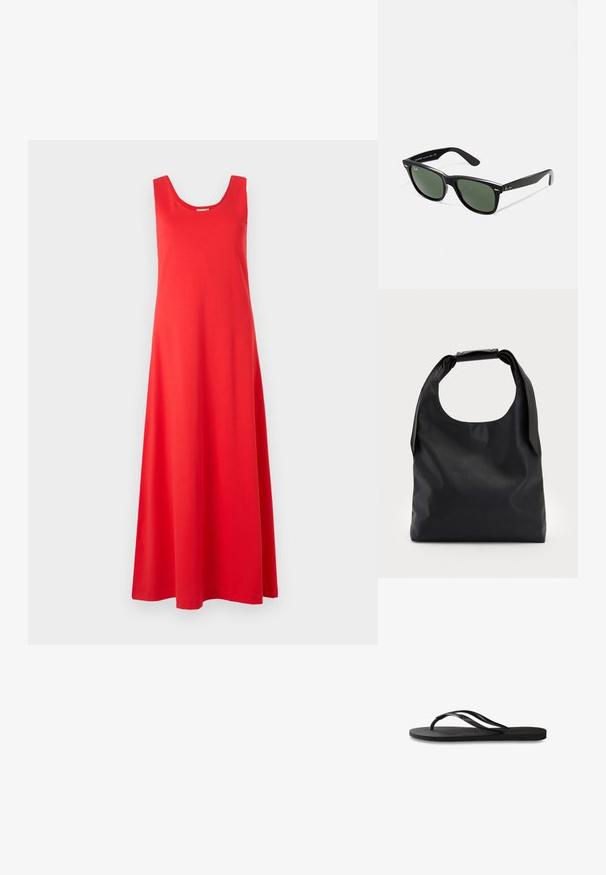 Rotes ärmelloses Maxikleid mit Rundhalsausschnitt, aus weichem Stoff gefertigt, mit fließender Form und geradem Saum.; Schwarze Flip-Flops mit einer strukturierten Gummisohle, zwei schlanken Riemen und einem dezenten, geprägten Logo-Detail auf dem Riemen.; Schwarze Plastiksonnenbrille mit grünen Gläsern, quadratischen Rahmen, silbernem Akzent auf der Augenbraue und strukturierten Bügeln. Angegebene Marke auf dem inneren Bügel.; Schwarze Leder-Hobo-Tasche mit einem einzelnen, weichen, abgerundeten Griff; verfügt über eine glatte Textur und ein minimalistisches Design. Keine sichtbaren Beschläge oder Akzente.