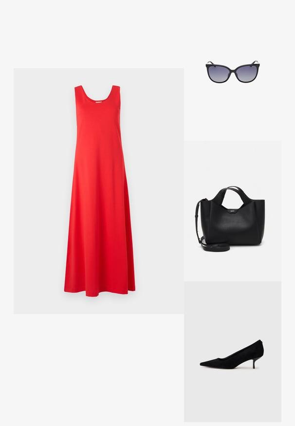 Rochie maxi fără mâneci, de culoare roșie, cu decolteu rotund, realizată dintr-un material moale, având o formă fluidă și o margine dreaptă.; Pantofii cu toc înalt din suede negru, cu vârf ascuțit și un toc subțire, jos. Textură netedă, cu un design elegant, fără hardware vizibil.; Ochelari de soare negri în stil cat-eye, cu lentile gradient, având o ramă din plastic netedă și accente metalice subtile pe tempie.; Geantă de mână din piele neagră cu finisaj texturat, formă unghiulară, două mânere și o curea de umăr reglabilă. Include un accent cu logo-ul DKNY.