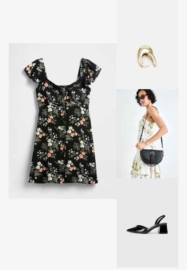 Black floral dress featuring puff sleeves, a square neckline, and a fitted bodice. Includes colorful floral patterns in pink, blue, and white.; Black patent leather slingback heels with a pointed toe and a geometric block heel. Features a sleek, minimal design and smooth texture.; Black leather handbag with a curved shape, detachable strap, and gold hardware. The bag features a flap with a buckle detail.; Gold-tone metal earring with a sleek, curved design. Features a distinctive pointed shape, polished surface, and hinge closure.