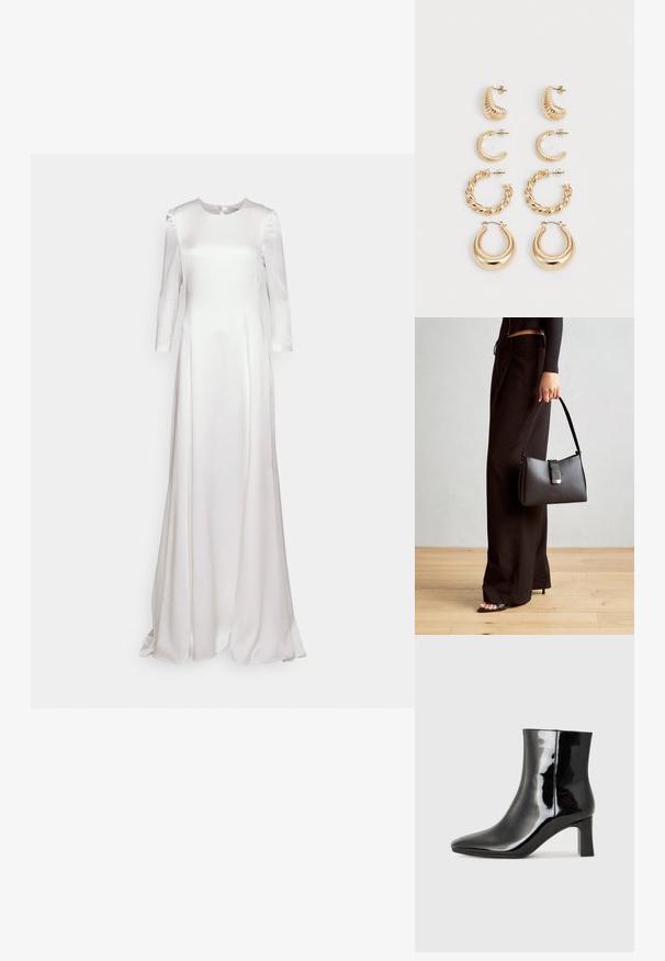 Vestido longo de cetim branco, com mangas longas, decote redondo e forma A fluida. Textura suave com um ligeiro brilho e sem quaisquer adornos visíveis.; Botim de tornozelo em pele sintética preta com bico apontado e salto bloco de altura média. Textura suave e design minimalista.; Bolsa preta com forma estruturada, textura suave e um fecho metálico. Combinada com calças largas pretas e sandálias de salto aberto sobre um chão de madeira.; Conjunto de cinco brincos de ouro, com designs variados: superfícies torcidas, estriadas e lisas em formas de argola e crescente.