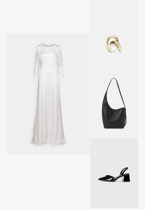 Weißes Satinlangarmkleid mit rundem Halsausschnitt und fließender A-Linienform. Glatte Textur mit leichtem Glanz und ohne sichtbare Verzierungen.; Schwarze Lackleder-Slingback-High Heels mit spitzem Schuh und einem geometrischen Blockabsatz. Verfügt über ein schlankes, minimalistisches Design und eine glatte Textur.; Schwarze Leder-Hobo-Tasche mit einer glatten Textur, geschwungener Form und einem einzelnen verstellbaren Tragegurt; verfügt über eine weite Öffnung am oberen Ende.; Ohrringe aus goldfarbenem Metall mit einem schlanken, geschwungenen Design. Sie verfügen über eine markante, spitze Form, eine polierte Oberfläche und einen Scharnierverschluss.