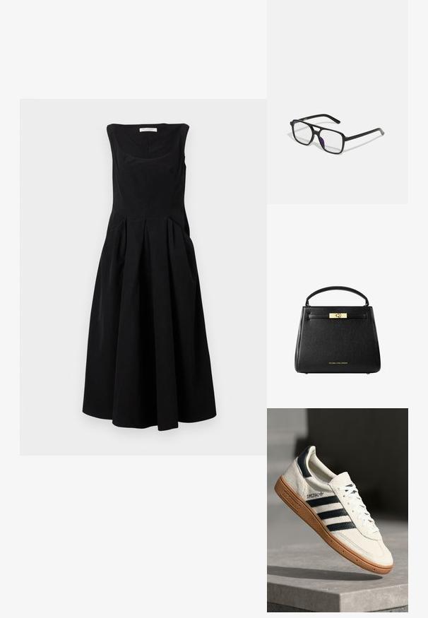 Svart ärmlös klänning med rundad halsringning, med veck vid midjan och en full kjol. Tillverkad av slät tyg utan synliga mönster.; Vita mockasnörning med marinblå ränder, gummisula, strukturerad ovandel, rund tå och snörning; har varumärke på sidan och tungan.; Svarta rektangulära glasögon med klara linser och en subtil lila ton, med slanka bågar och en minimalistisk design.; Svart läderhandväska med en strukturerad design, ett handtag upptill och ett spänne i guldton. Har en texturerad yta med präglad logotyp.
