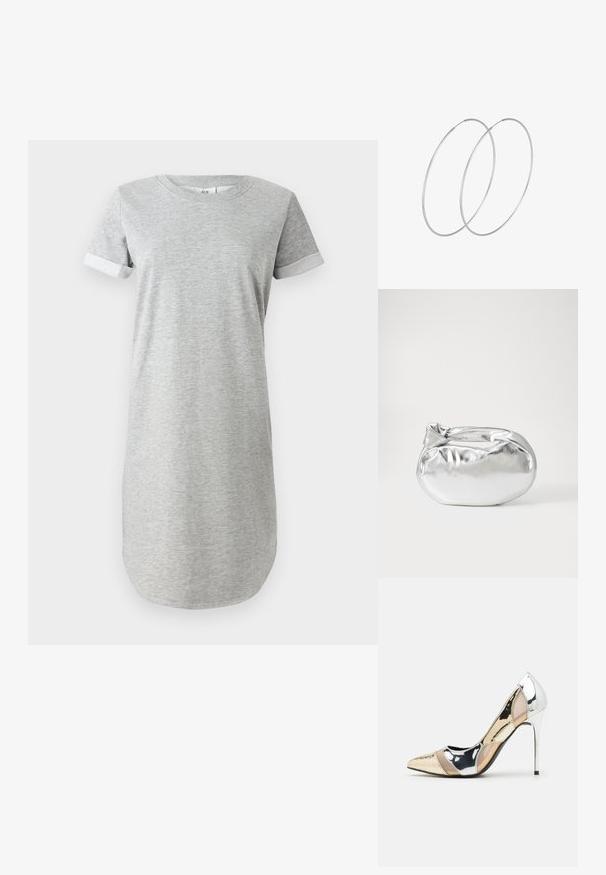 Harmaa lyhythihainen mekko, joka on valmistettu pehmeästä puuvillasta. Siinä on pyöreä kaula-aukko ja käännetyt hihat. Sujuva kangas ja rento istuvuus.; Korkokenkät, joissa on terävä kärki ja hopea, kultainen sekä nude-väriyhdistelmä. Kiiltävä pinta ja leikkausdesign, varustettuna stikettikorkealla.; Hopeapintainen metallinen pussilaukku, jolla on pehmeä, pyöreä muoto ja solmittava yläosa. Valmistettu sileästä tekonahkamateriaalista.; Hopehope hopeilla, joissa on minimalistinen muotoilu. Pyöreä muoto, sileä pinta ja ohut profiili. Kevyet ja kiillotetut.