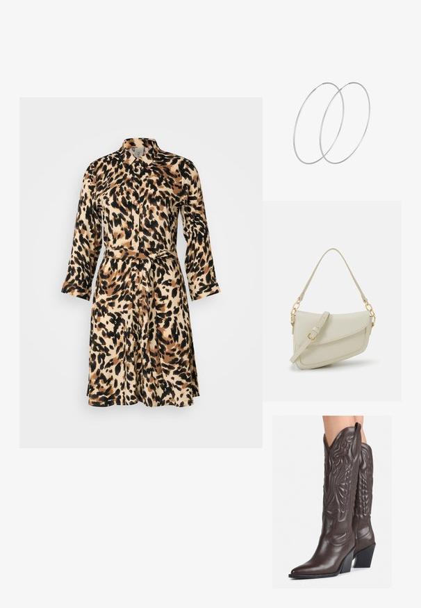 Srajčna obleka z leopardjim vzorcem v bež in črni barvi, ki vključuje ovratnik, gumbe za zapiranje, dolge rokave in usklajeni pas na pasu.; Rjave usnjene kavbojske čevlje z ostrim nosom in blok peto, ki vsebujejo podrobno šivanje in dvignjene dodatke na zgornjem delu.; Mala kremna torbica z teksturiranim zaključkom, dolgim nastavljivim trakom, verižnim poudarkom in zapiranjem na poklop. Detajli iz zlatega kovinskega materiala.; Srebrne uhane v obliki obroča z minimalističnim dizajnom. Krožna oblika, gladka tekstura in tanek profil. Lahki s poliranim zaključkom.