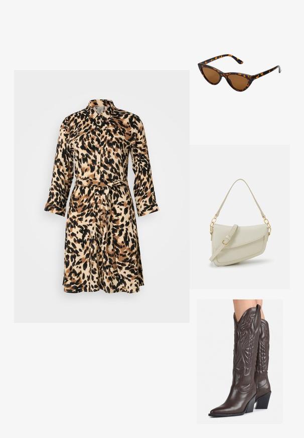 Kjolklänning i leopardtryck i beige och svart, med krage, knäppningar, långa ärmar och ett matchande bälte vid midjan.; Bruna lädercowboystövlar med spetsig tå och klossklack, med detaljerad sömnad och upphöjda accenter på skaftet.; Kattögon-solglasögon med en ram i svart och orange sköldpaddsmönster, bruna linser och smala, spetsiga tips. Har en minimalistisk logotyp på bågen.; Liten gräddfärgad handväska med en strukturerad finish, en lång justerbar rem, en kedjedetalj och en klaffstängning. Guldfärgad hårdvara.