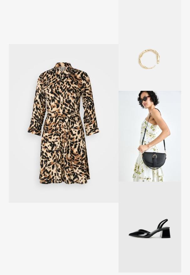 Srajčna obleka z leopardjim vzorcem v bež in črni barvi, ki vključuje ovratnik, gumbe za zapiranje, dolge rokave in usklajeni pas na pasu.; Črne lakirane slingback pete s koničastim nosom in geometrijsko blokasto peto. Imajo eleganten, minimalističen dizajn in gladko teksturo.; Črna usnjena torbica s ukrivljeno obliko, z odstranljivo naramnico in zlatimi dodatki. Torbica ima pokrov s podrobnostmi v obliki zaponke.; Zlati prstan s organskim, zvitim dizajnom, gladko površino in taperiranimi konci, ki ustvarja modernega, skulpturalnega videza.