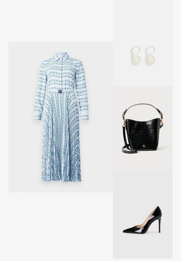 Tory Burch PRINTED DRESS - Paitamekko - blue lucky duck; Mustat patentoitu nahkakengät, joissa on korkea korko ja terävä kärki, luovat sulavan siluetin. Kengissä on sileä, kiiltävä pinta ja hoikka stiletto-korko.; Musta krokotiilinjäljitelmästä valmistettu laukku, jossa on kaareva muoto, kultaiset yksityiskohdat, säädettävä olkahihna ja logotiedot edessä.; Korvakorut, joissa on helmi, kiillotettu pinta, hopeanväriset vipuvarret ja pyöreät valkoiset helmet. Yksinkertainen, klassinen muotoilu.