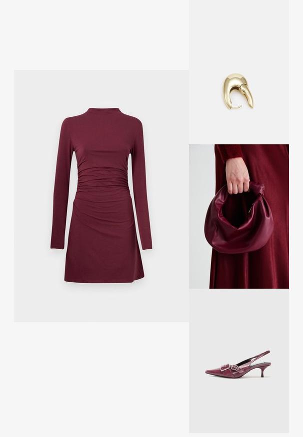 Abercrombie & Fitch PALOMA MINI DRESS - Jerseykjole - windsor wine; Burgunderfarget skinn slingback-sko med spiss tå, liten hæl og doble spenneaksenter. Glatt tekstur med sømdetaljer.; Bordeaux lærhåndveske med et mykt, samlet design og avrundet form. Håndtaket er festet, og viser en glatt tekstur.; Gullfarget metalløredobber med et elegant, buet design. Har en karakteristisk spiss form, polert overflate og hengsel-lukking.