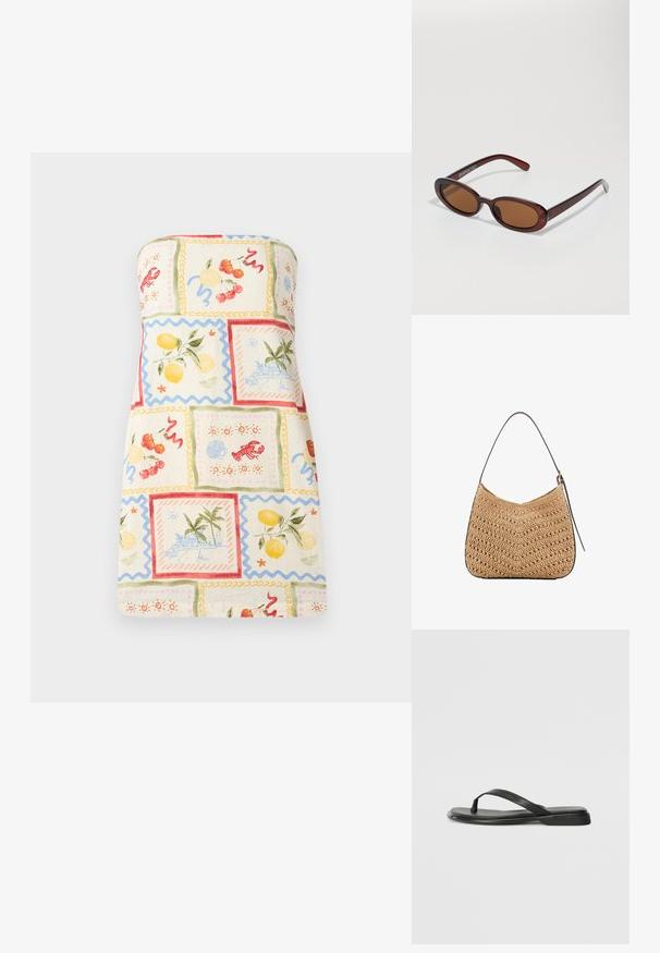 Strapless jurk van lichte stof, gekenmerkt door een kleurrijke patchwork van fruit en kustlandschappen, met geschulpte randen en een pastel kleurenpalet.; Zwarte teenflip-flop van glad leer, met een dunne band en een platte zool met een minimalistisch profiel. Geen opvallende patronen of accenten.; Ronde, bruin getinte zonnebril met een glanzend bordeauxrood frame. Slanke pootjes met subtiele merkdetails. Vlakke lensontwerp.; Geweven rieten schoudertas met een gebogen vorm, voorzien van een donkere leren strap en een gemêleerd oppervlak met een chevronpatroon.