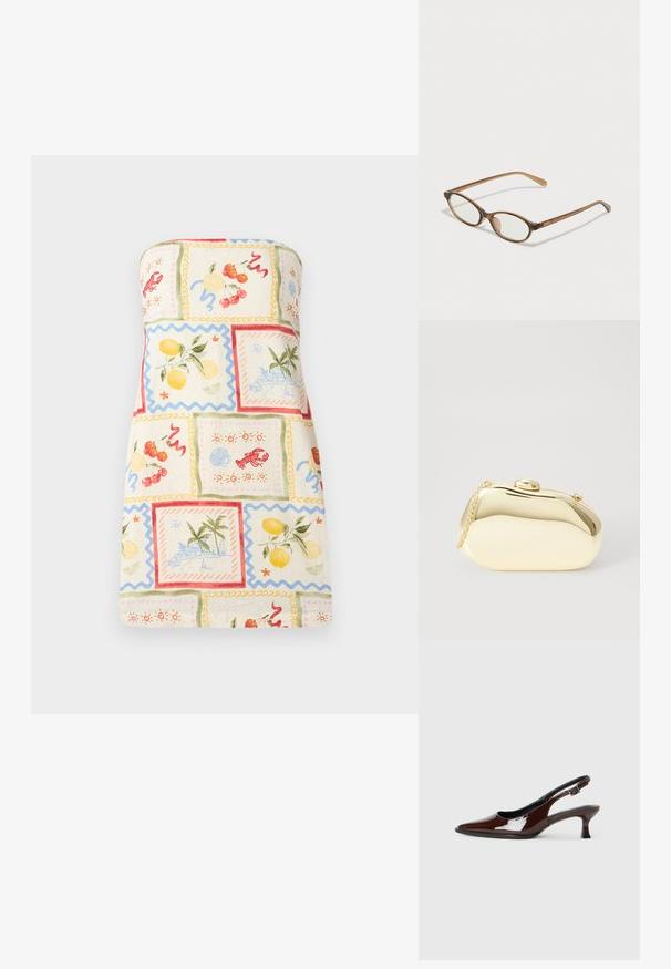 Olkaimeton mekko kevyestä kankaasta, jossa on värikäs palapeli hedelmistä ja rannikkoskenaarioista, vaaleanvärisin reunoin ja pastellivärisellä väripaletilla.; Ruske patentin nahkalijatke sa špicastim nosom i umjerenom petom. Sadrže remen s kopčom za sigurno pristajanje. Glatka tekstura.; Ruskeat kilpikonnaruutulasiset silmälasit, joissa ovaalit linssit, ohuet varret ja läpinäkyvät yksityiskohdat. Temppeleissä on huomaamaton logo. Suunnittelultaan suora ja kevyt.; Metallinen kultainen clutch, jossa on sileä ja pyöreä muoto. Sen yläosassa on nappilukko ja pieni ketjuhihna kuljettamista varten.