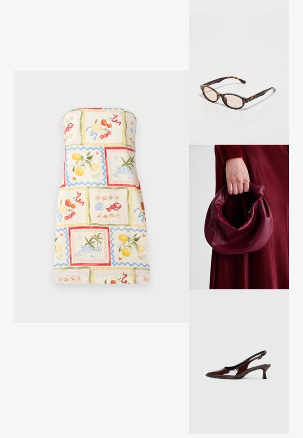 Bešalčio ir lengvo audinio suknelė, puošta spalvingu vaisių ir pakrantės peizažų koliažu, su banguotais kraštais ir pastelinių spalvų palete.; Rudos lakuoti odiniai slingback batai su smailiu pirštu ir vidutinio aukščio kulnu. Yra sagties dirželis, užtikrinantis tvirtą prigludimą. Lygus paviršius.; Žalios spalvos akinių rėmeliai su apvalia forma ir šviesiais objektyvais. Savybės: tvirtos šakės su mažomis auksinėmis detalėmis, pagamintos iš plastiko.; Bordo odinė rankinė su minkštu, susiraukšlėjusiu dizainu ir apvalia forma. Rankena yra tvirtai pritvirtinta, atskleidžianti lygią tekstūrą.