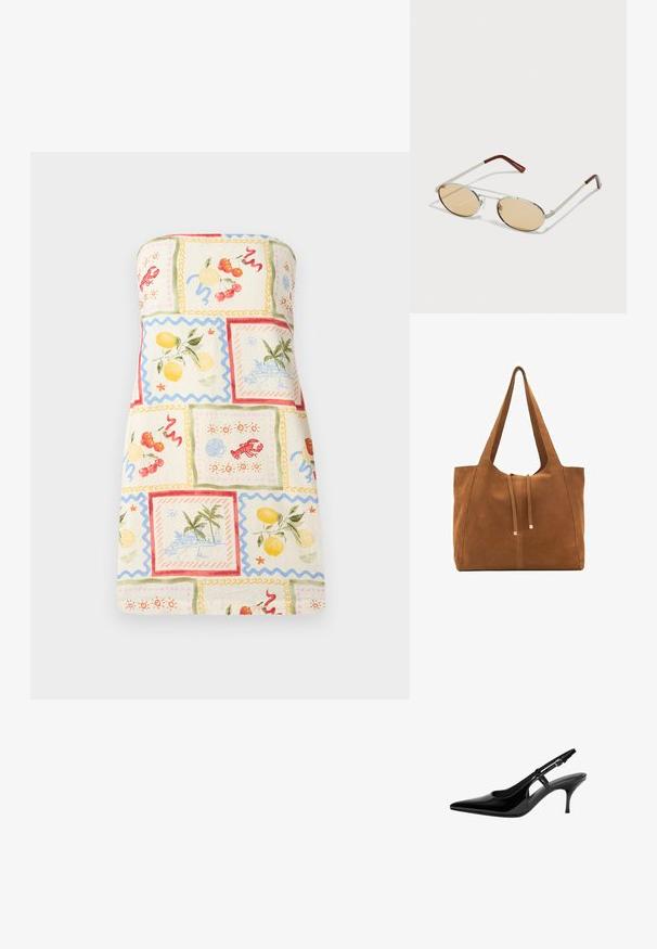 Trägerloses Kleid aus leichtem Stoff mit buntem Patchwork aus Früchten und Küstenszenen, mit gewellten Rändern und einer pastellfarbenen Palette.; Schwarze Lackleder-Slingback-Pumpe mit spitzem Zehenbereich, offenen seitlichen Ausschnitten, schlanker Absatz und verstellbarem Knöchelriemen.; Metallsonnenbrille mit ovalen, hellbraun getönten Gläsern. Schlanker silberner Rahmen mit strukturierten Akzenten und rötlich-braunen Spitzen an den Bügeln.; Braune Wildleder-Tasche mit zwei langen Trägern, Zugverschluss und minimalistischem Design. Glatte Textur und keine sichtbaren Hardware-Details.